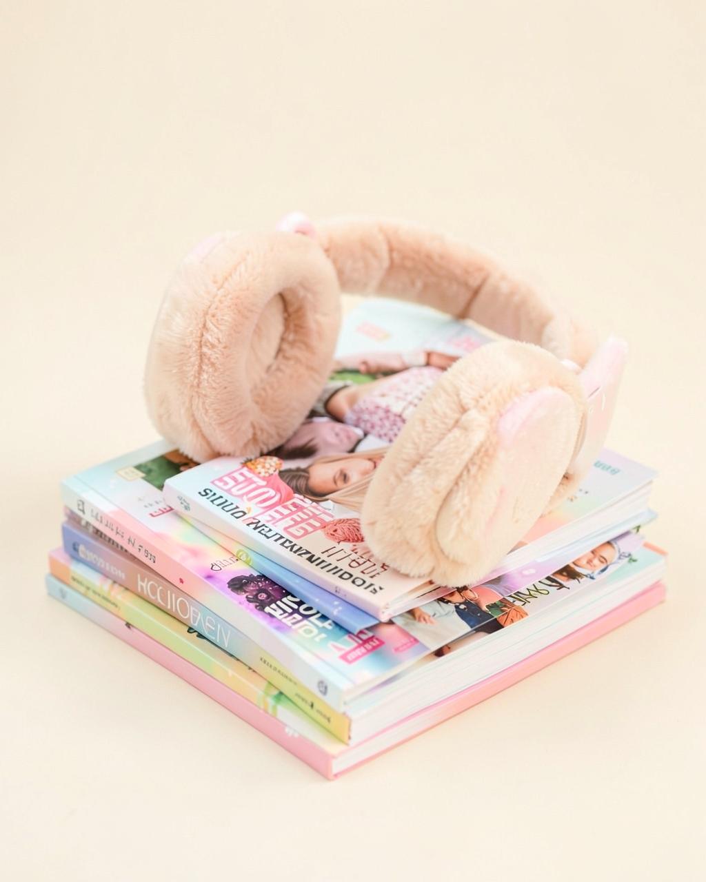 A stack of pastel audiobook covers with plush headphones resting on top